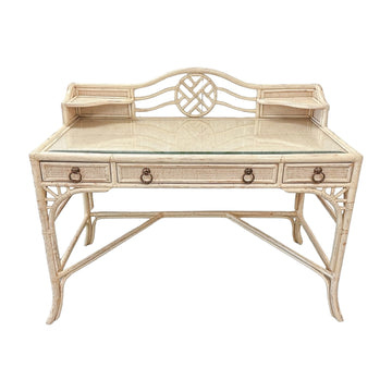Vintage Hekman White Chinoiserie Rattan Desk with Glass Top