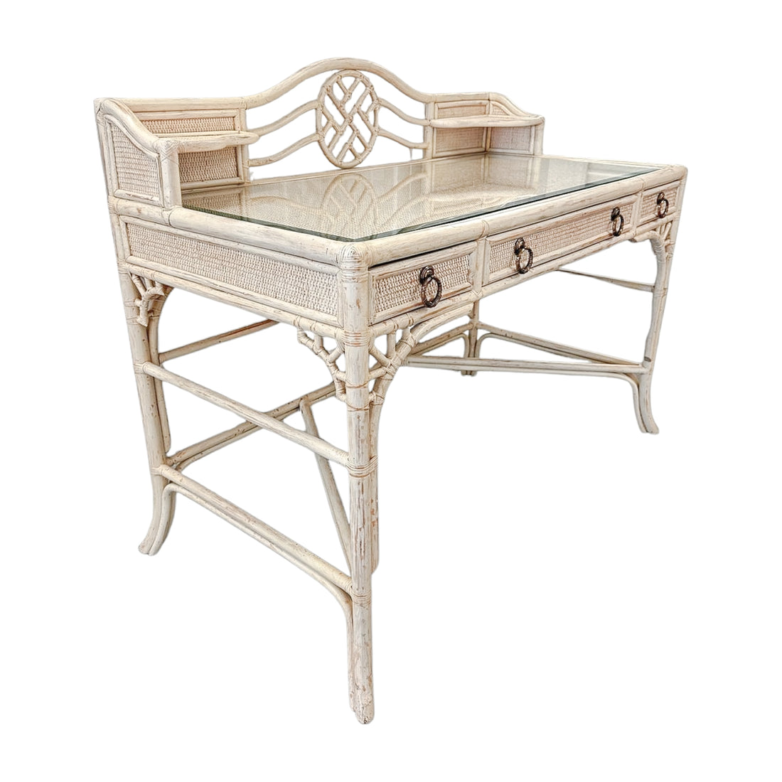 Vintage Hekman White Chinoiserie Rattan Desk with Glass Top