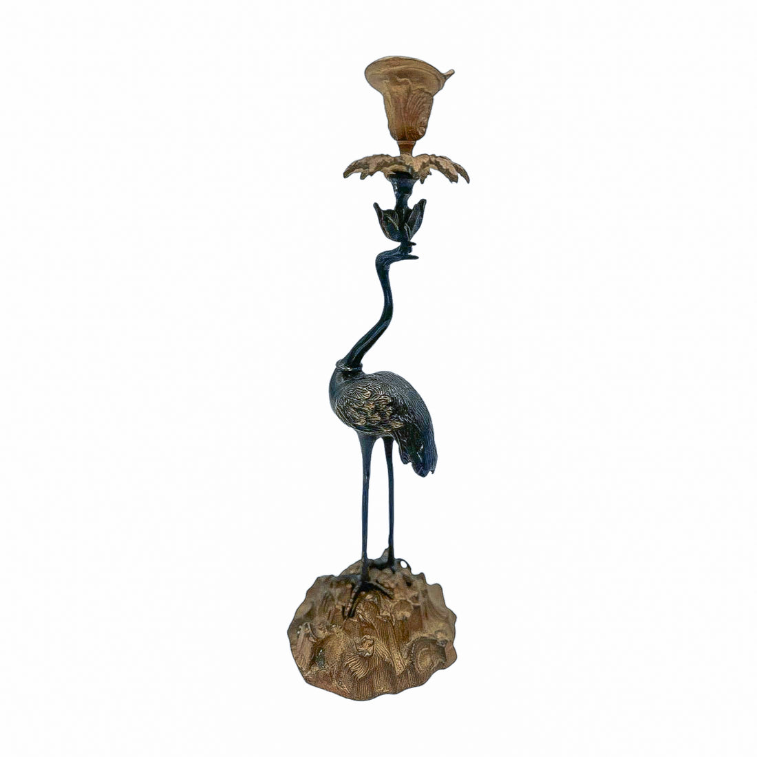 Vintage Bronze Crane Candlestick
