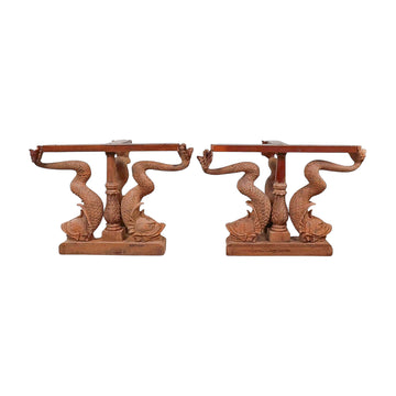 Antique Pair of Monumental Hand-Carved Koi Table Bases