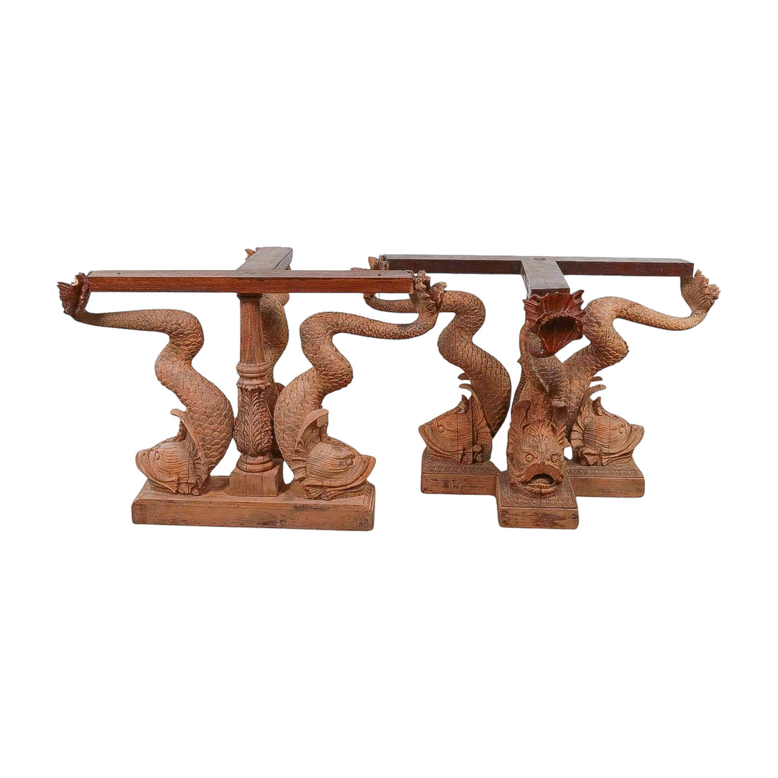 Antique Pair of Monumental Hand-Carved Koi Table Bases