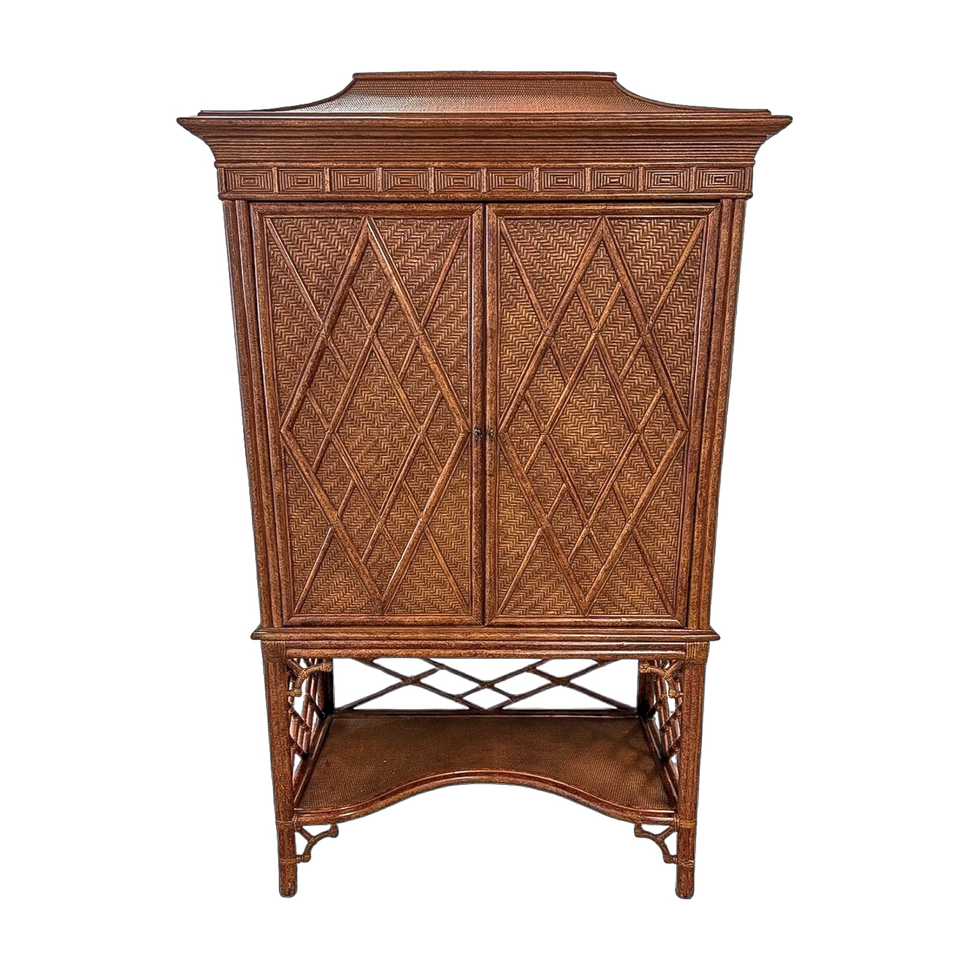 Vintage Pagoda-Top Rattan Cabinet with Diamond-Weave Doors