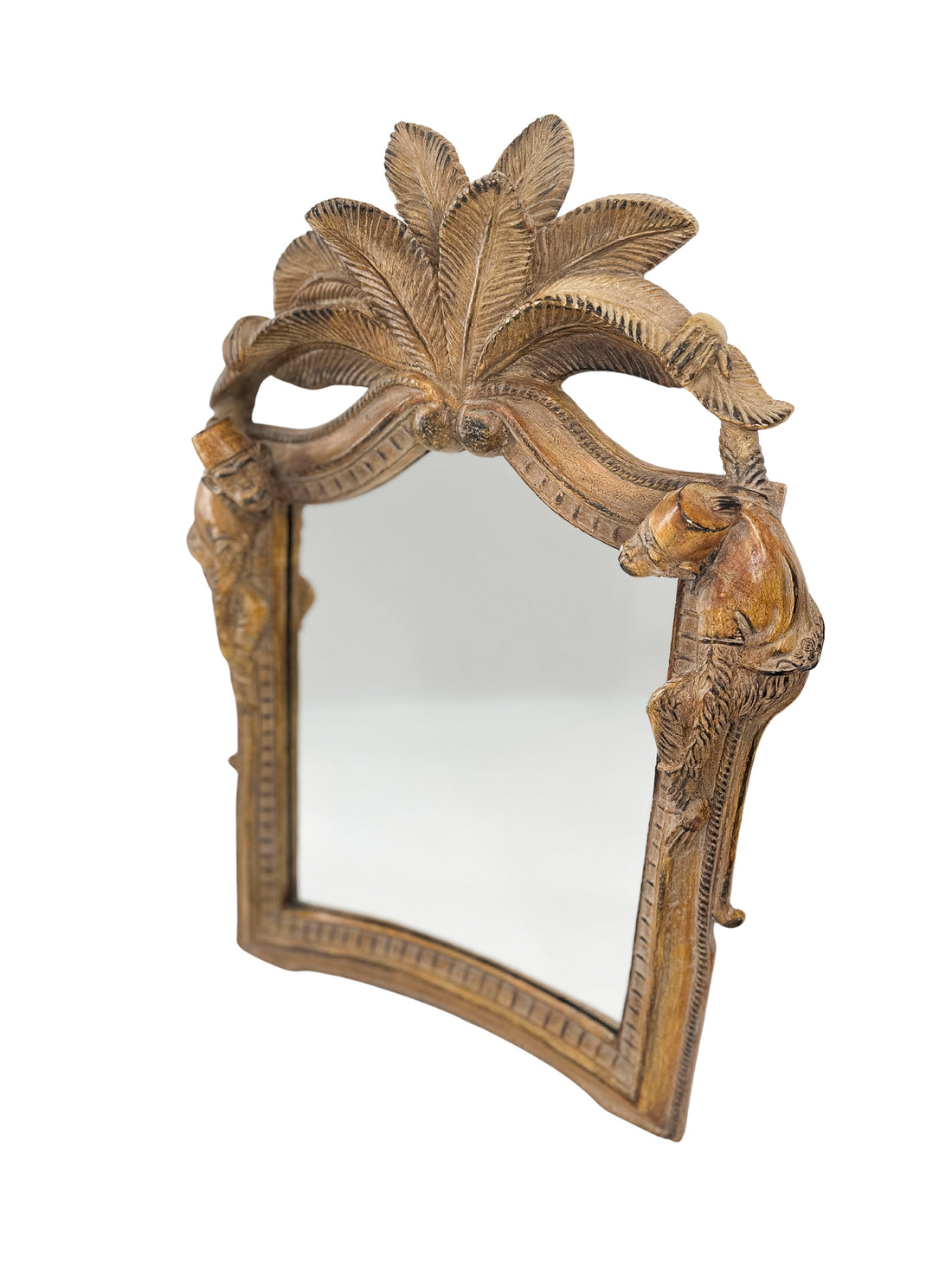 Carved Palm and Figural Giltwood Mirror