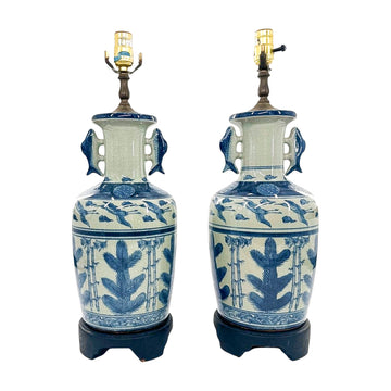Pair of Blue and White Porcelain Fish and Heron Motif Lamps