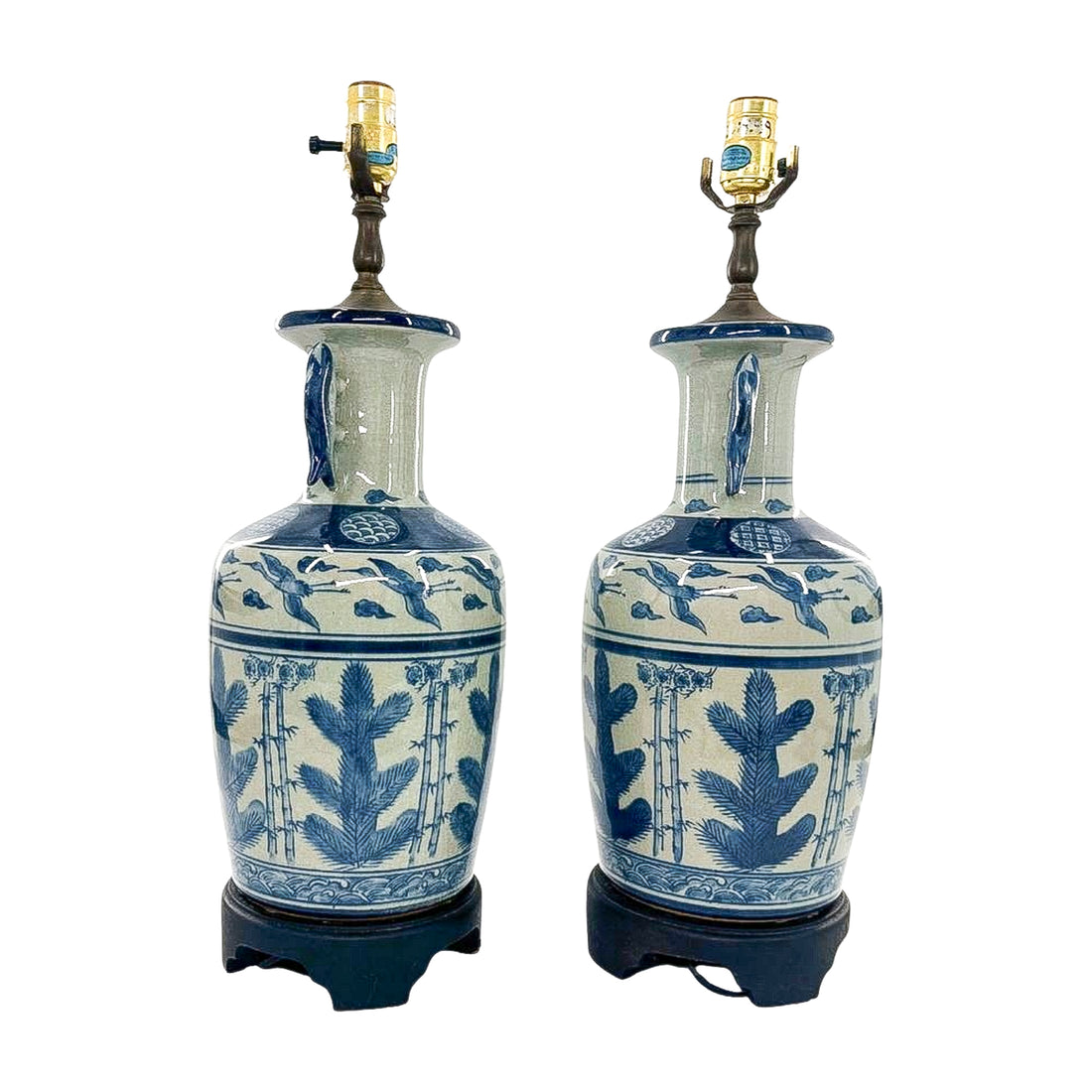 Pair of Blue and White Porcelain Fish and Heron Motif Lamps