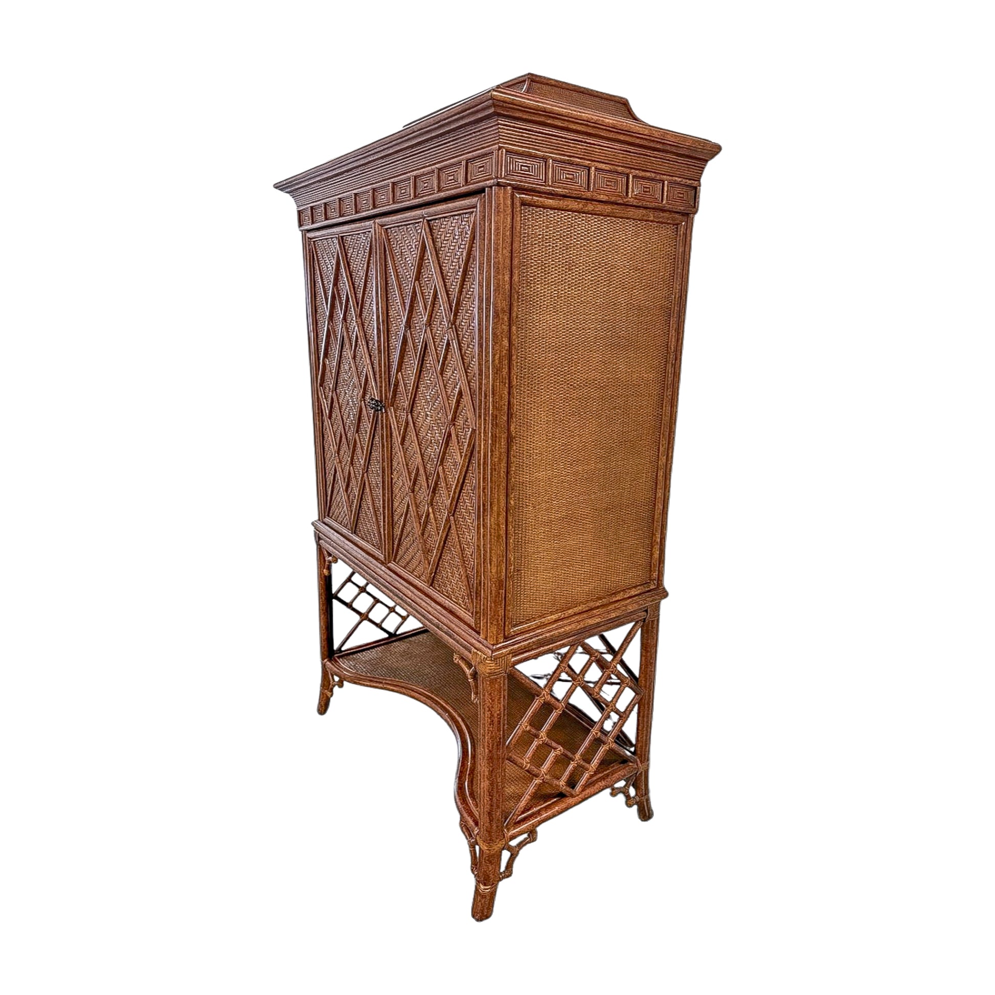 Vintage Pagoda-Top Rattan Cabinet with Diamond-Weave Doors