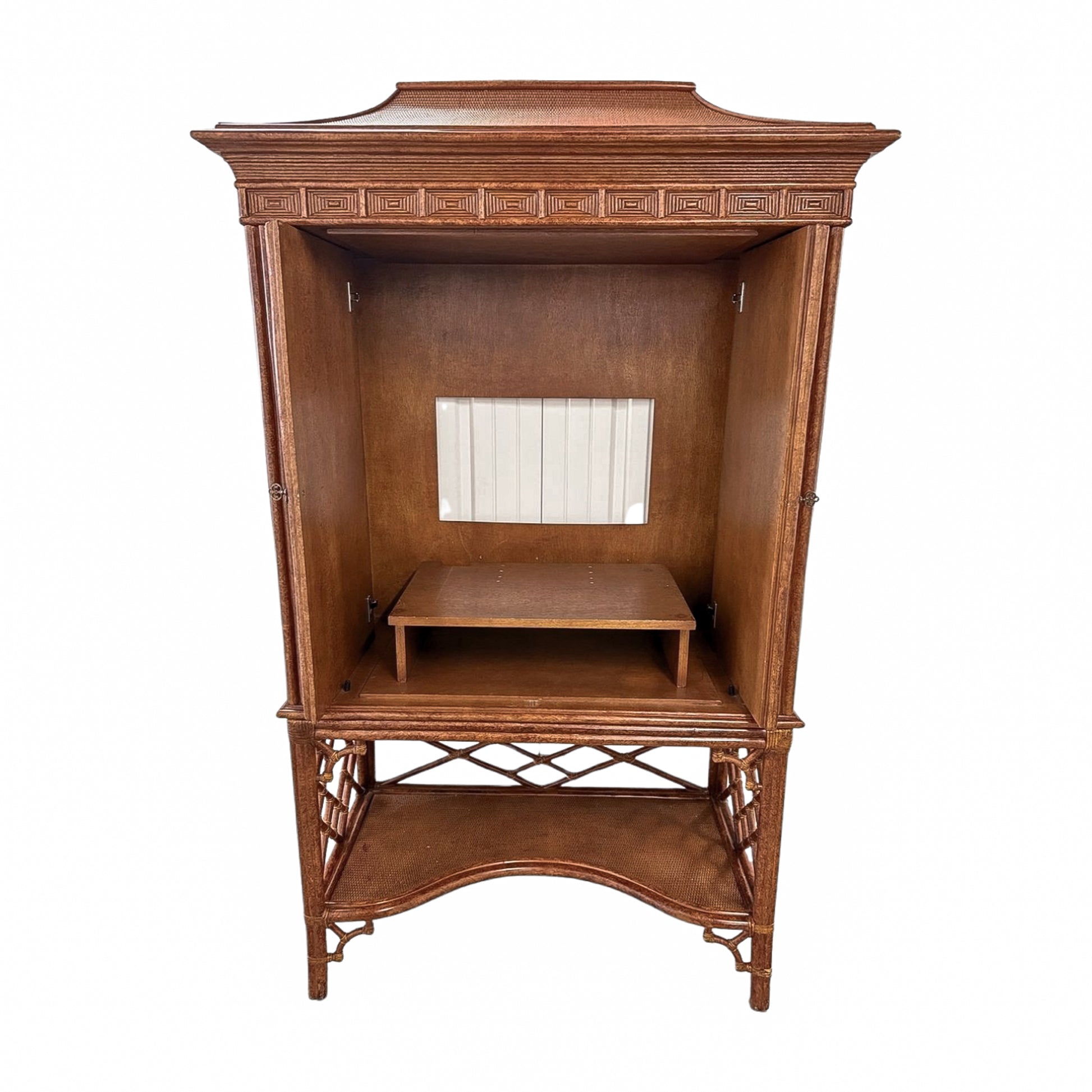 Vintage Pagoda-Top Rattan Cabinet with Diamond-Weave Doors