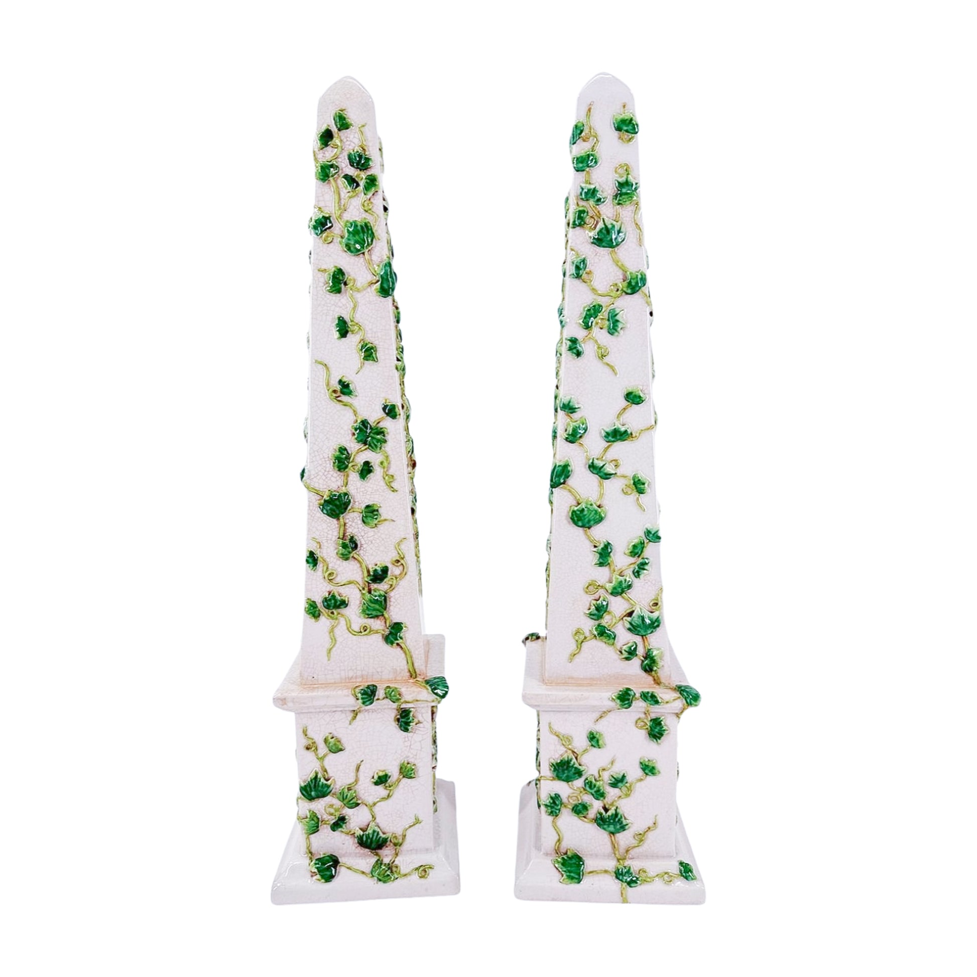 Large Ceramic Obelisks with Vine Relief (Pair)