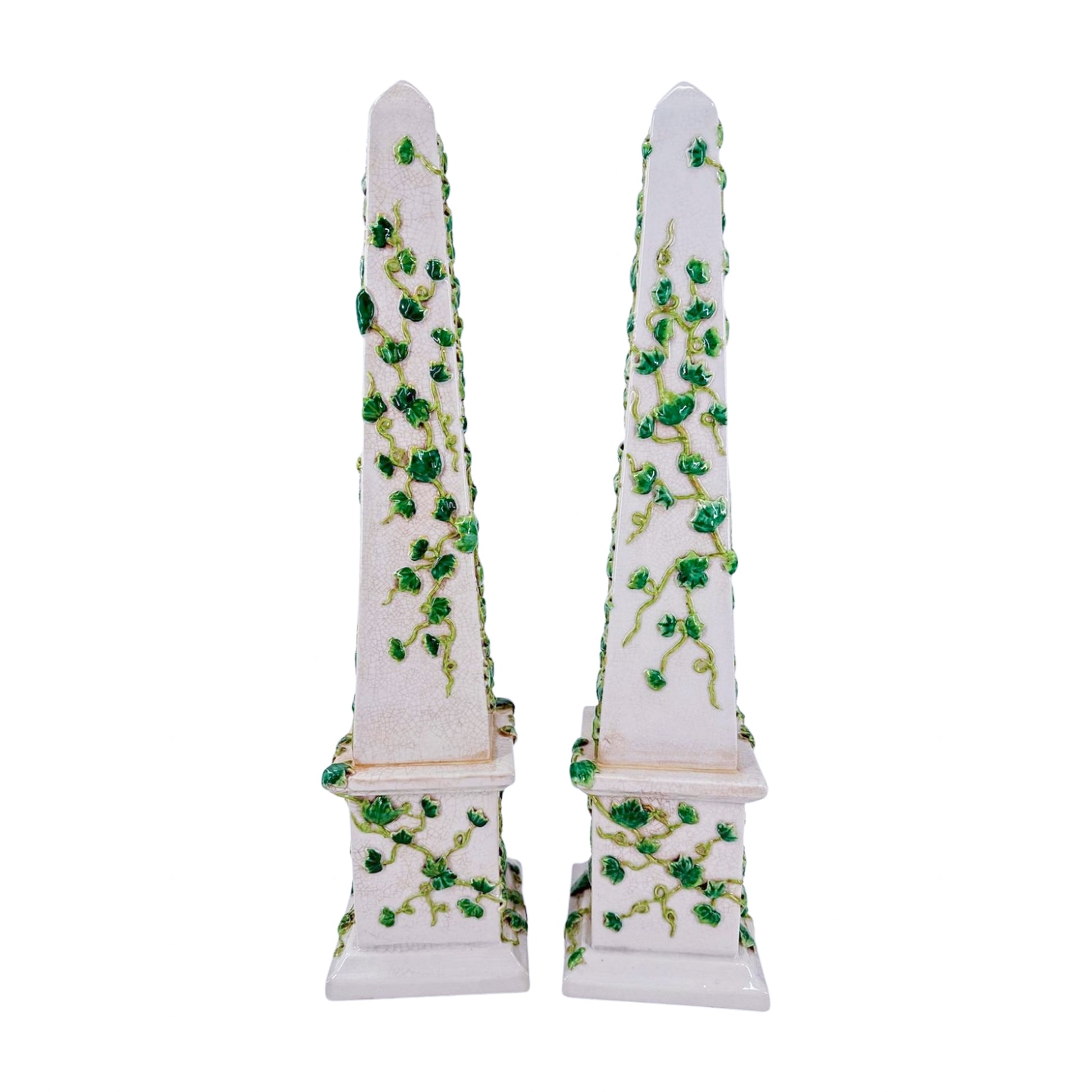 Large Ceramic Obelisks with Vine Relief (Pair)