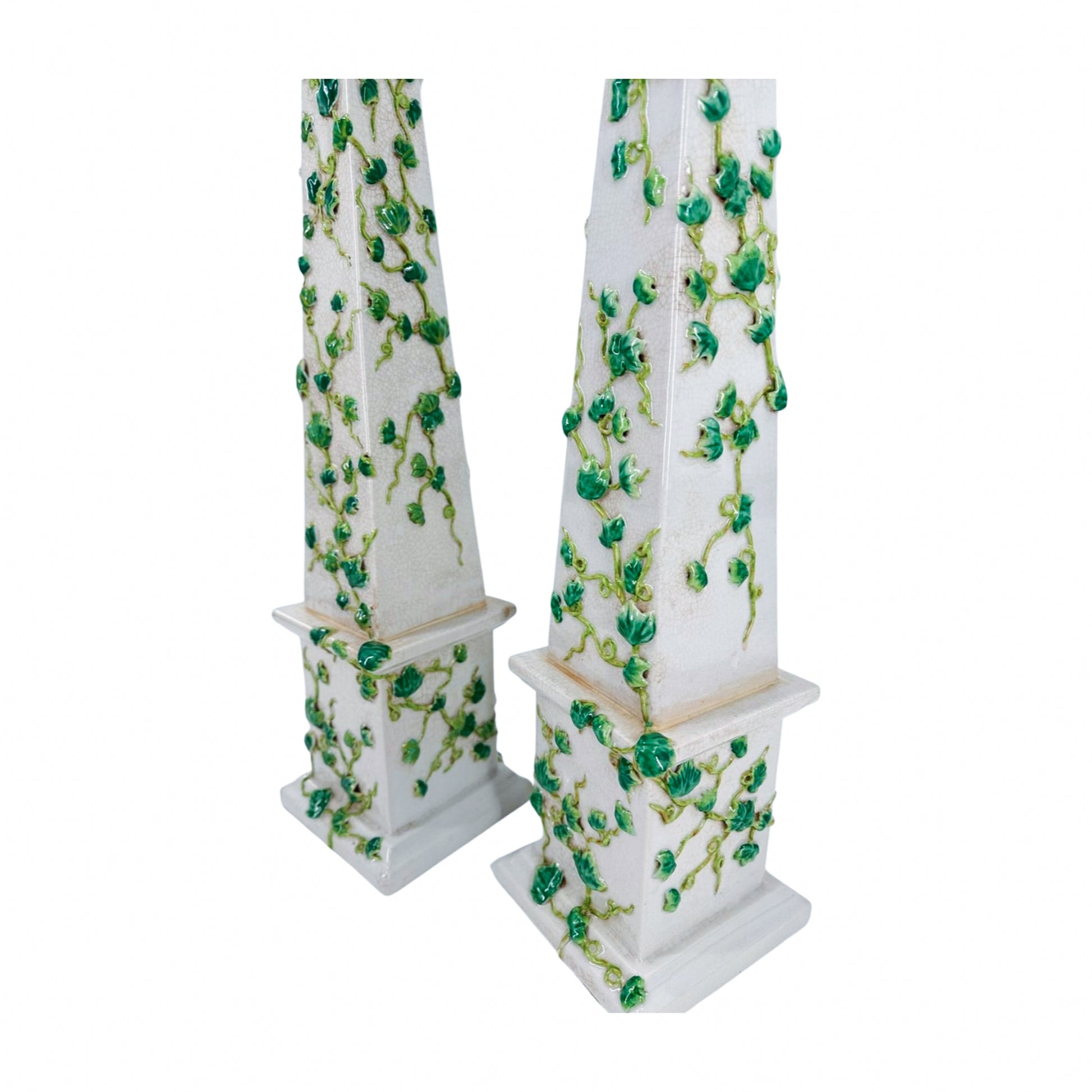 Large Ceramic Obelisks with Vine Relief (Pair)