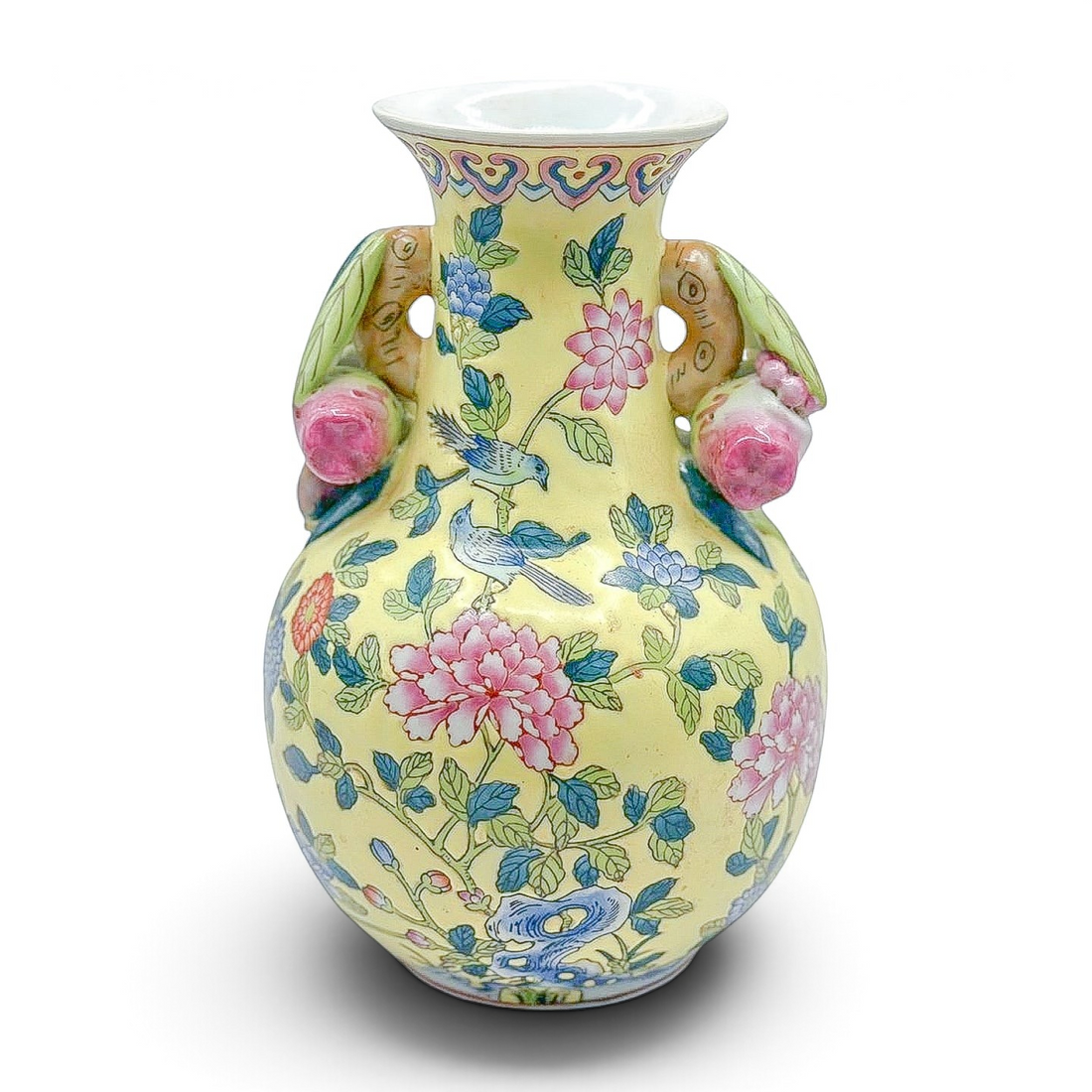 Andrea by Sadek Chinoiserie Vase | Floral & Bird Motif with Sculptural Handles