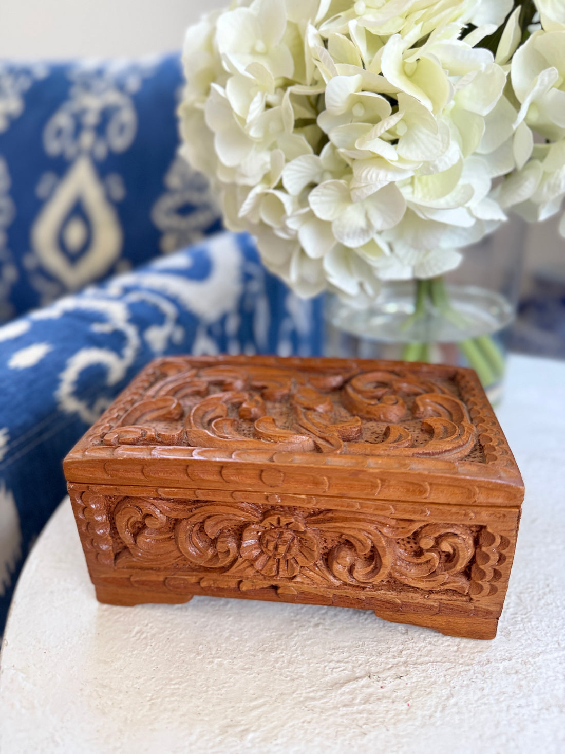 Hand-Carved Wooden Keepsake Box with Velvet Interior