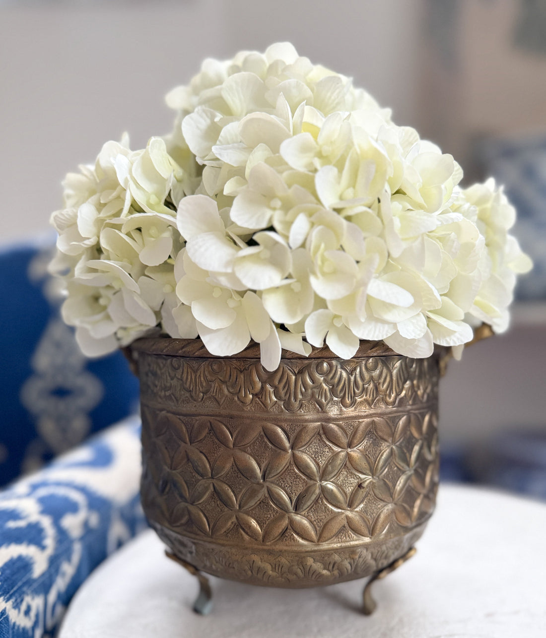Embossed Footed Brass Cachepot with Handles