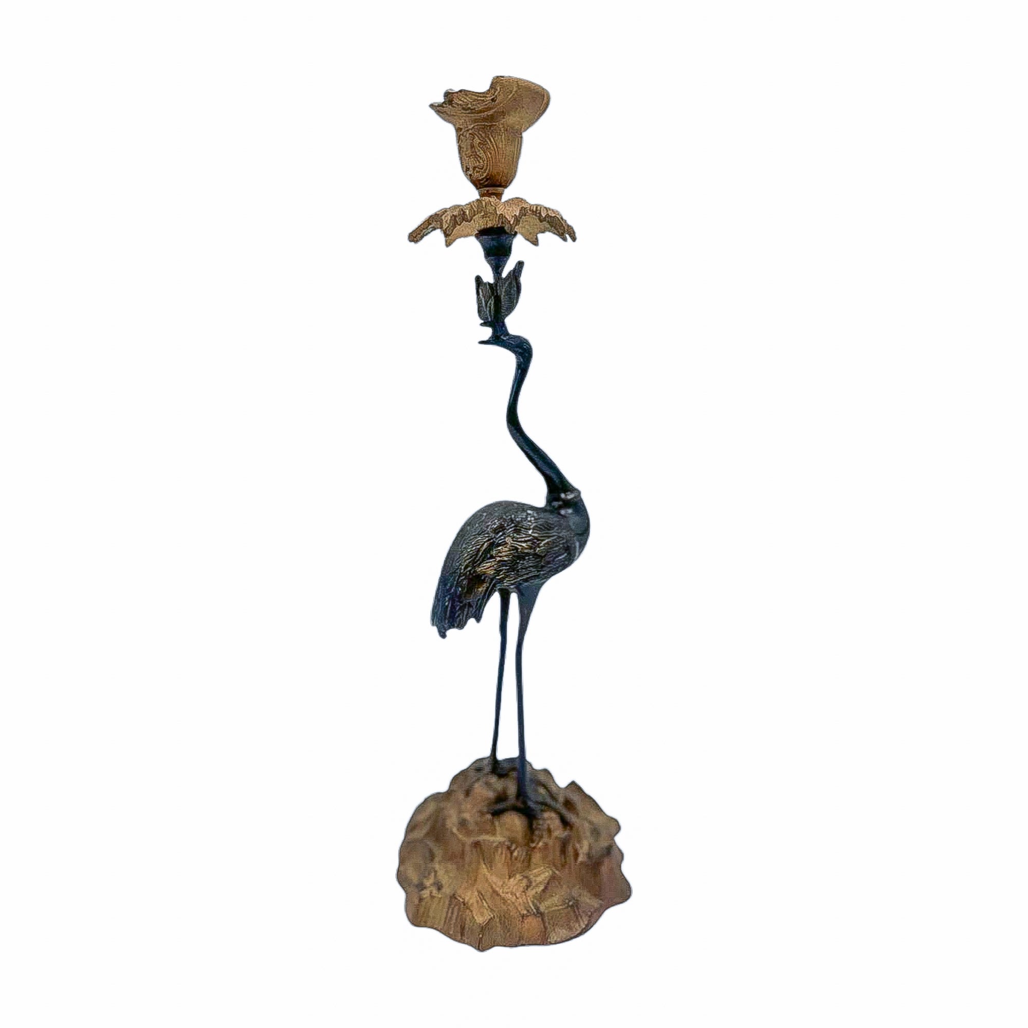 Vintage Bronze Crane Candlestick