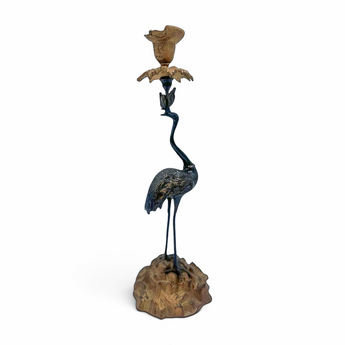 Vintage Bronze Crane Candlestick