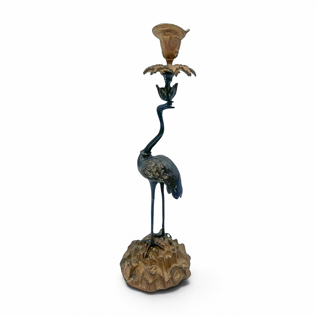 Vintage Bronze Crane Candlestick