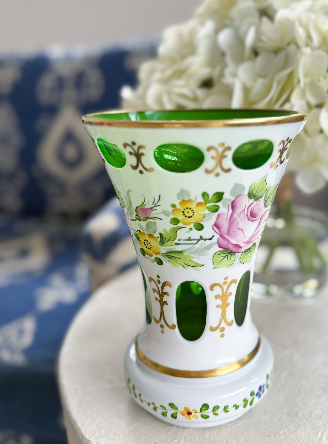 Hand-Painted Floral Glass Vase with Emerald Green Interior