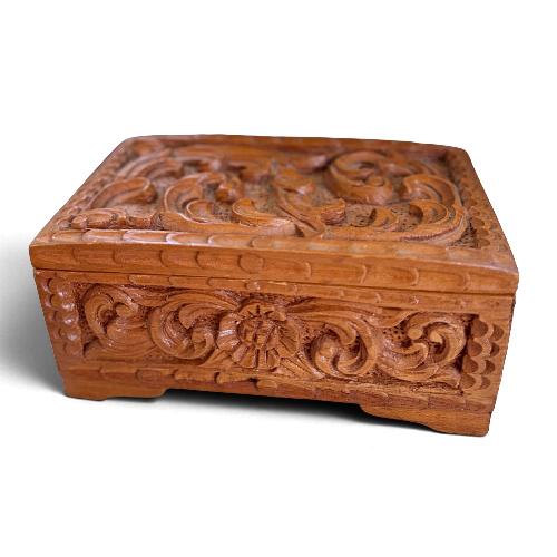 Hand-Carved Wooden Keepsake Box with Velvet Interior